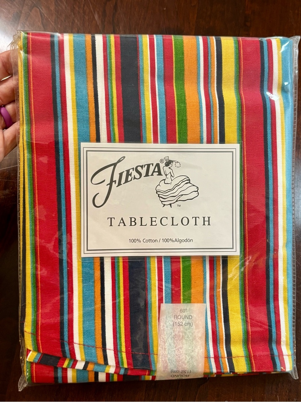 NOS Fiesta 100% Cotton Tablecloth 60” round Fiesta Rainbow Burst - striped new